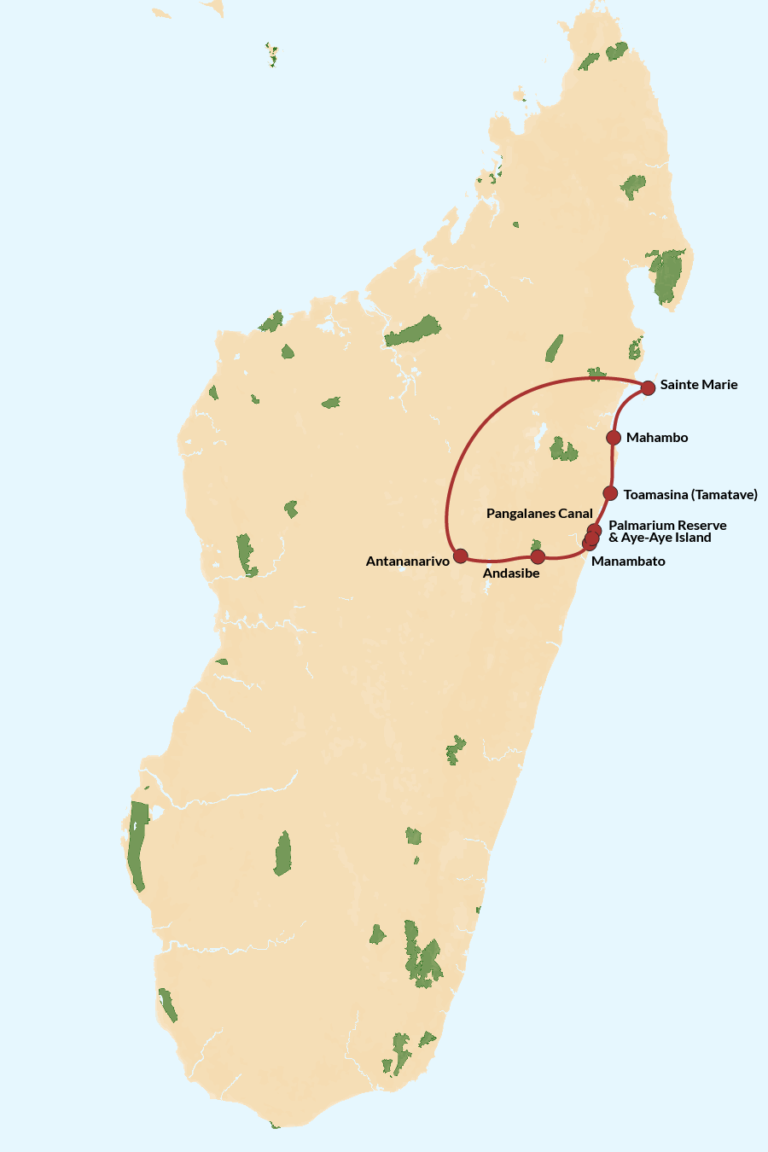 Map of the East Coast Wildlife tour itinerary